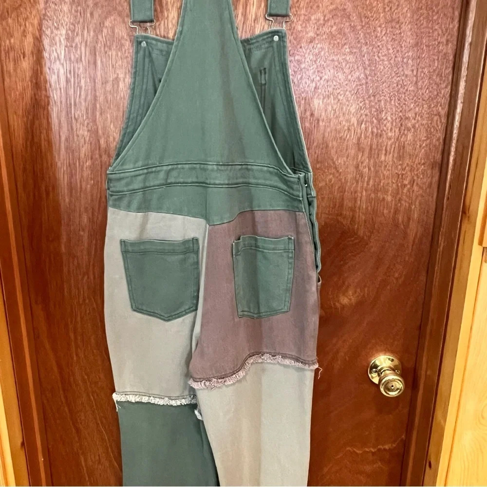 Blue Blush Olive No Time Wasted Patchwork Overalls Sz-S - Picture 8 of 12